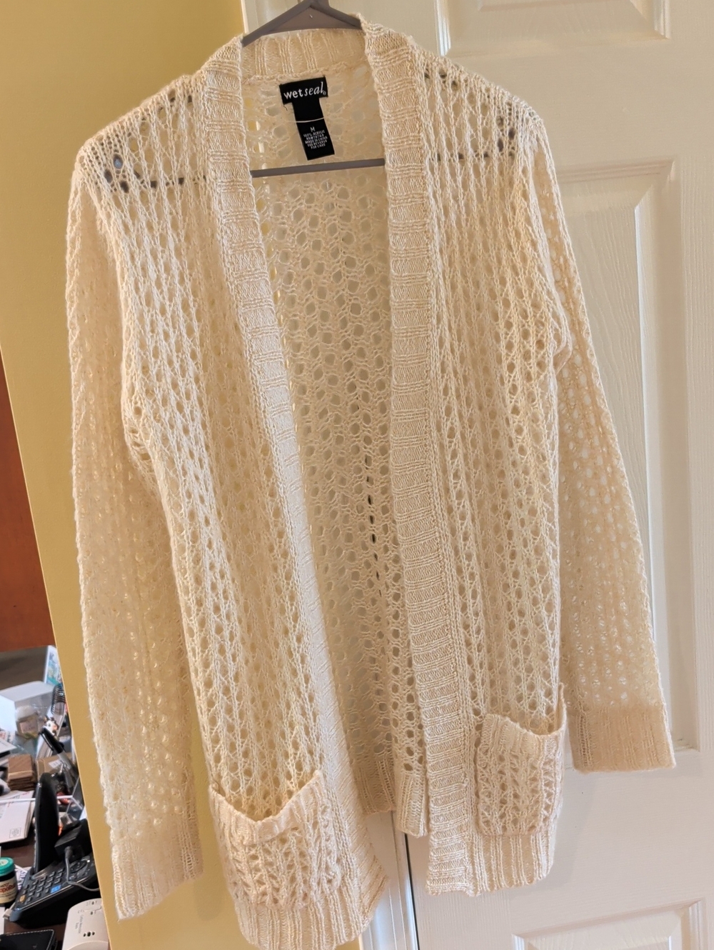 Wet Seal Cream Open-Weave Pocket Cardigan
